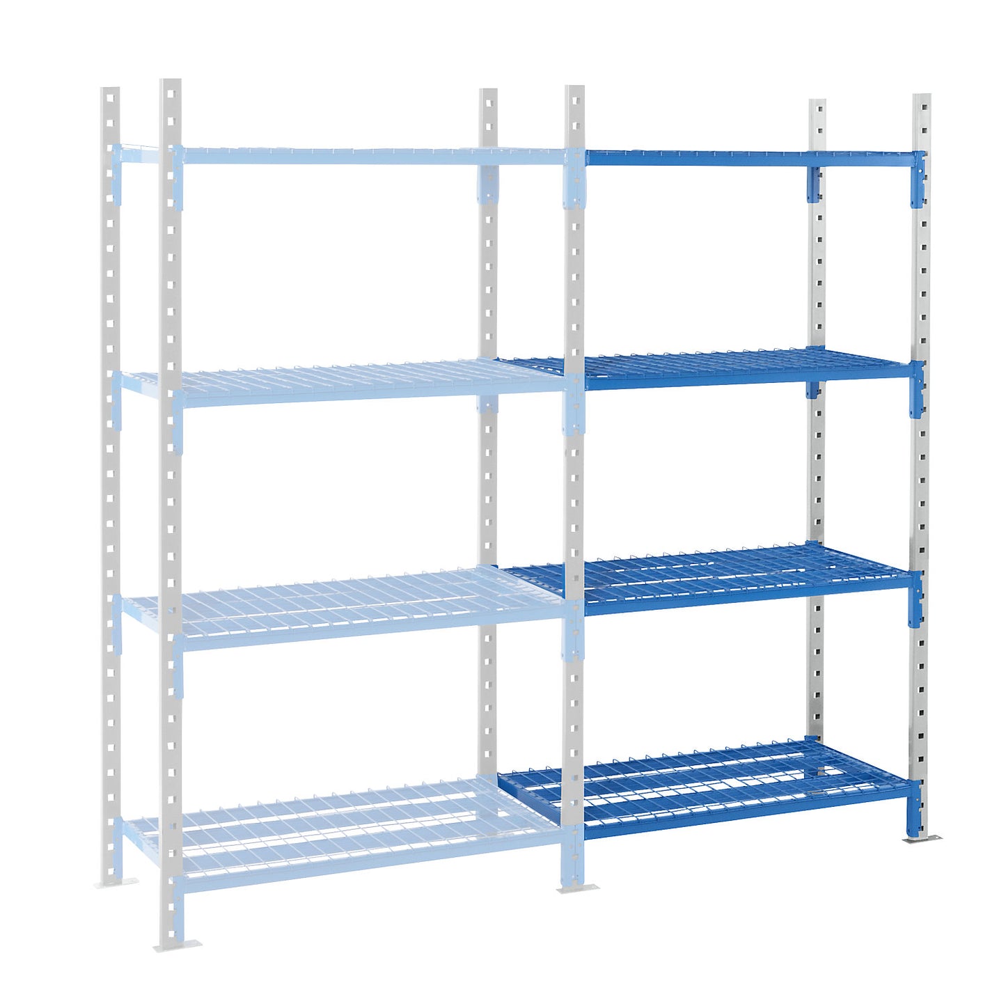 Boltless mesh shelf unit, shelf unit height 1996 mm, shelf width 1210 mm, extension shelf unit, shelf width 995 mm.