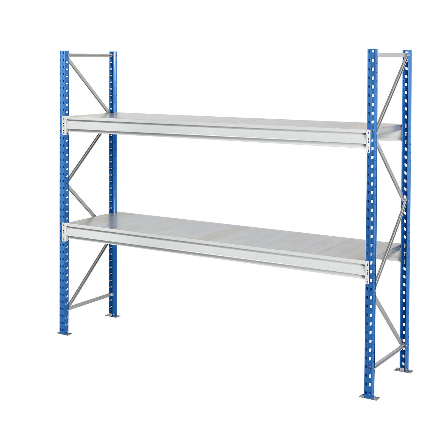 Heavy duty wide span shelving with steel shelf panels, frame colour blue, HxWxD 1996 x 2410 x 600 mm, standard shelf unit.