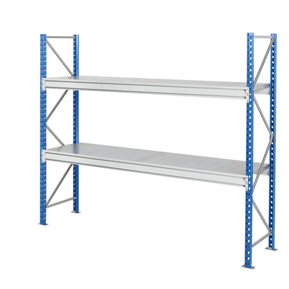 Heavy duty wide span shelving with steel shelf panels, frame colour blue, HxWxD 1996 x 2410 x 600 mm, standard shelf unit.