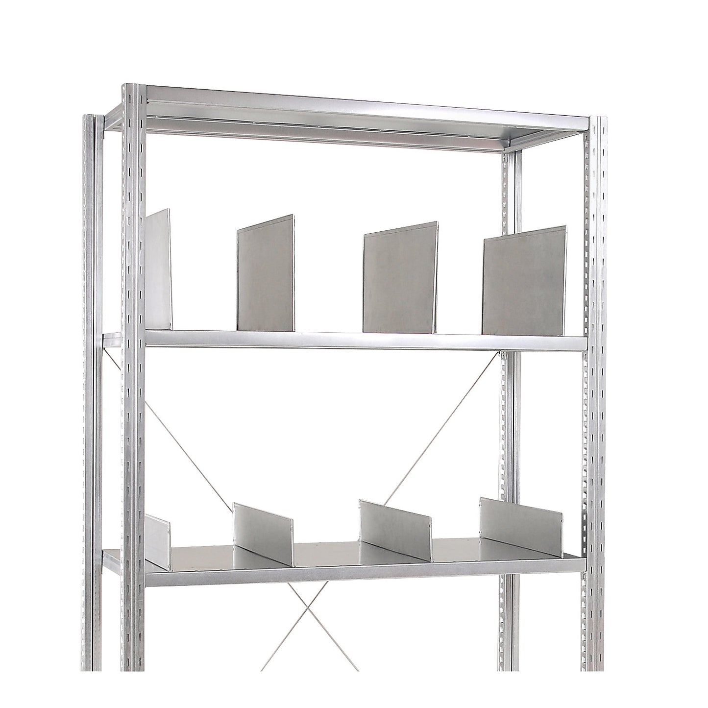 Divider for heavy duty shelf unit, zinc plated, height 150 mm, pack of 10, depth 600 mm.