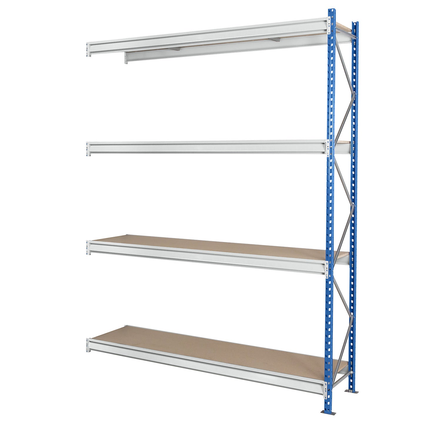 Heavy duty wide span shelving with moulded chipboard shelf panels, frame colour blue, HxWxD 2996 x 2330 x 600 mm, extension shelf unit.