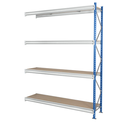 Heavy duty wide span shelving with moulded chipboard shelf panels, frame colour blue, HxWxD 2996 x 2330 x 600 mm, extension shelf unit.