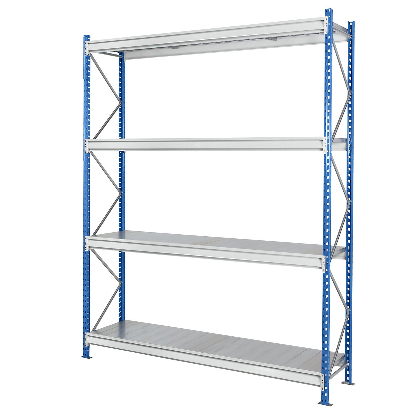 Heavy duty wide span shelving with steel shelf panels, frame colour blue, HxWxD 2996 x 2410 x 800 mm, standard shelf unit.