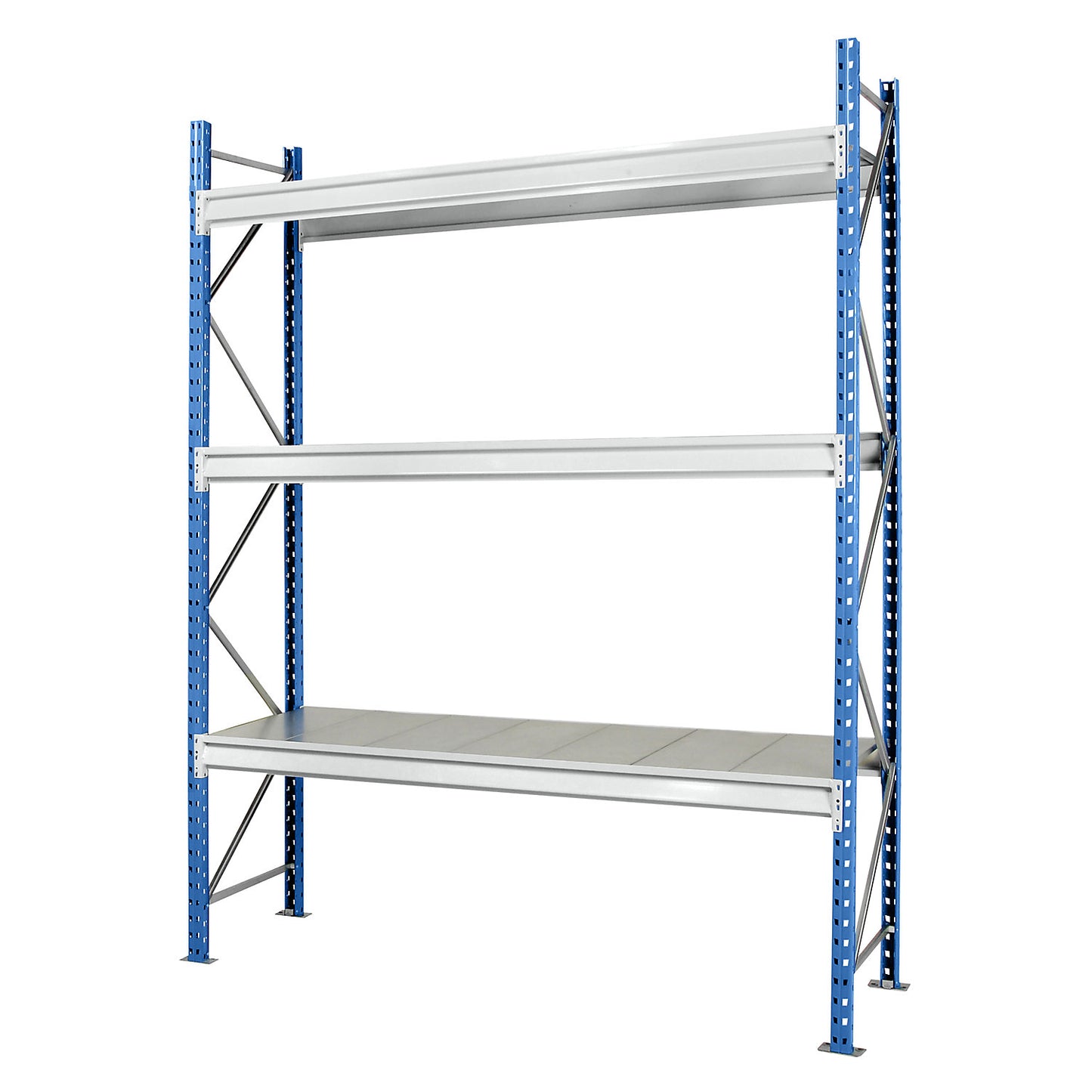 Heavy duty wide span shelving with steel shelf panels, frame colour blue, HxWxD 2496 x 2860 x 1000 mm, standard shelf unit.