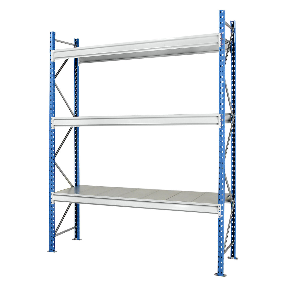 Heavy duty wide span shelving with steel shelf panels, frame colour blue, HxWxD 2496 x 2860 x 800 mm, standard shelf unit.