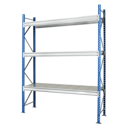 Heavy duty wide span shelving with steel shelf panels, frame colour blue, HxWxD 2496 x 2410 x 800 mm, standard shelf unit.