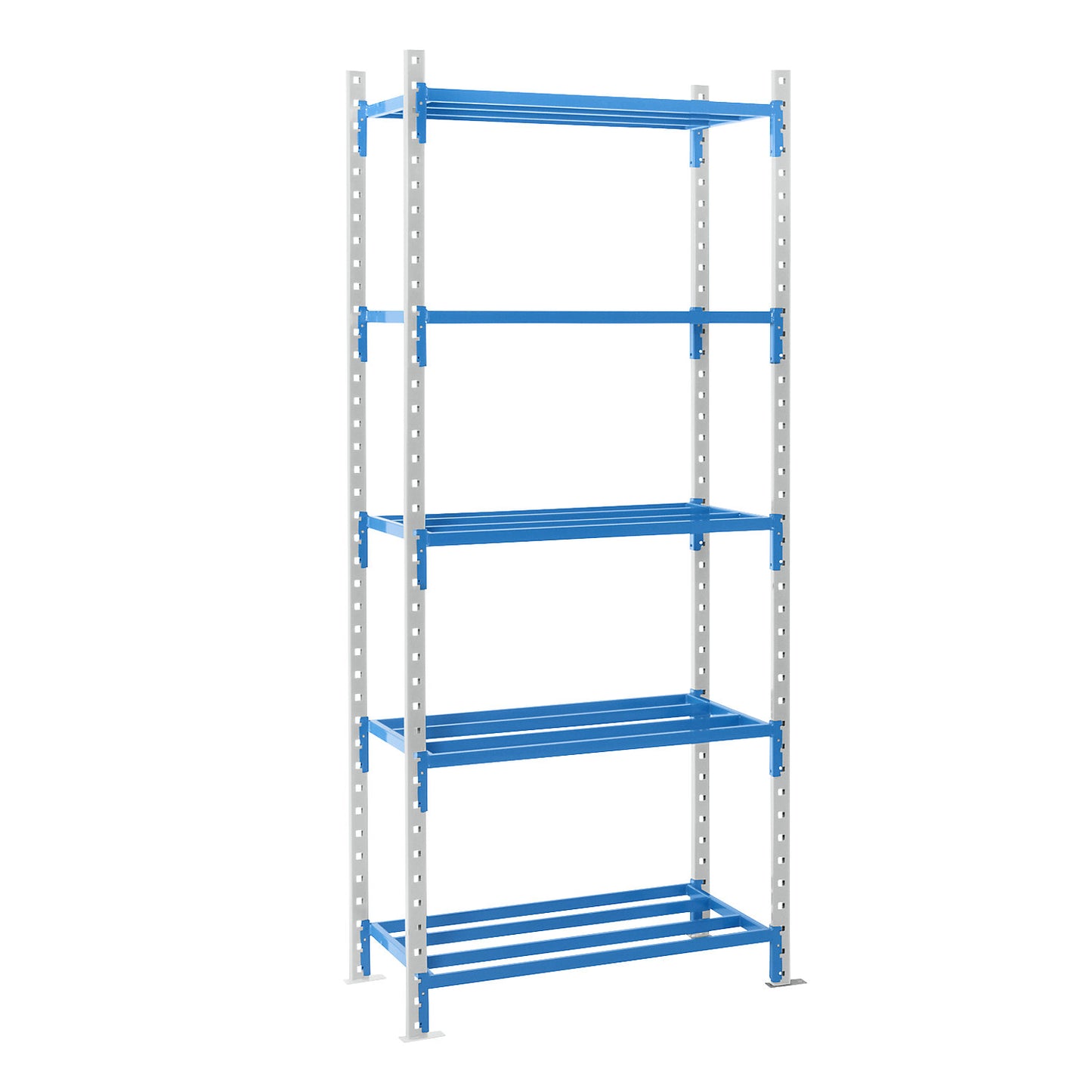 Tubular boltless shelving unit, shelf unit height 2496 mm, shelf width 960 mm, standard shelf unit, shelf width 795 mm.