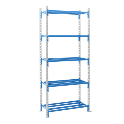 Tubular boltless shelving unit, shelf unit height 2496 mm, shelf width 960 mm, standard shelf unit, shelf width 795 mm.