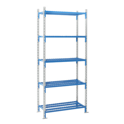 Boltless mesh shelf unit, shelf unit height 2496 mm, shelf width 960 mm, standard shelf unit, shelf width 995 mm.