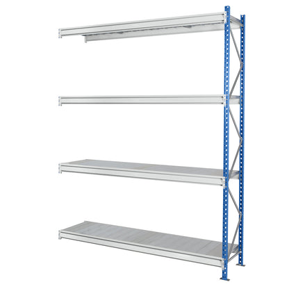 Heavy duty wide span shelving with steel shelf panels, frame colour blue, HxWxD 2996 x 2330 x 1000 mm, extension shelf unit.