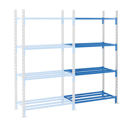 Tubular boltless shelving unit, shelf unit height 1996 mm, shelf width 1210 mm, extension shelf unit, shelf width 995 mm.