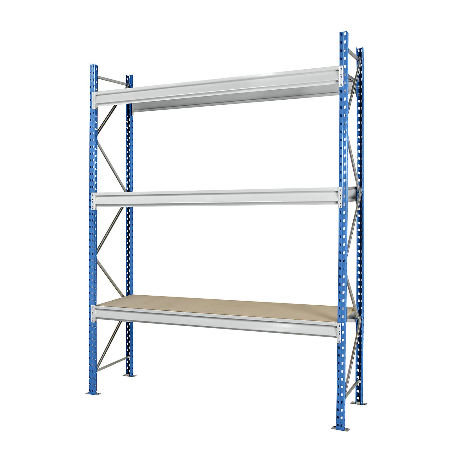 Heavy duty wide span shelving with moulded chipboard shelf panels, frame colour blue, HxWxD 2496 x 2860 x 800 mm, standard shelf unit.