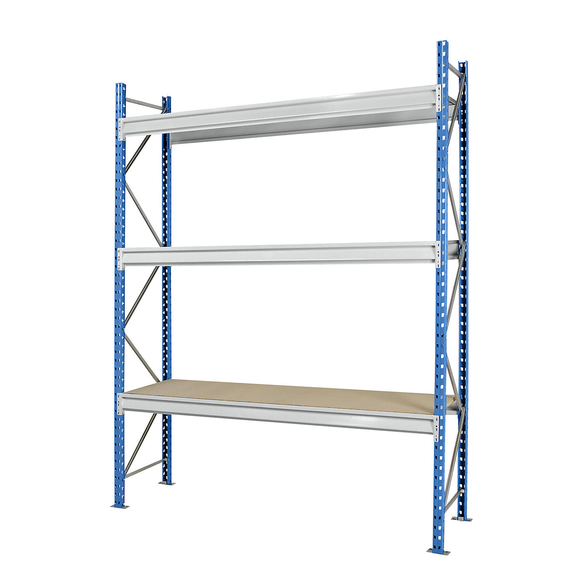 Heavy duty wide span shelving with moulded chipboard shelf panels, frame colour blue, HxWxD 2496 x 2860 x 800 mm, standard shelf unit.