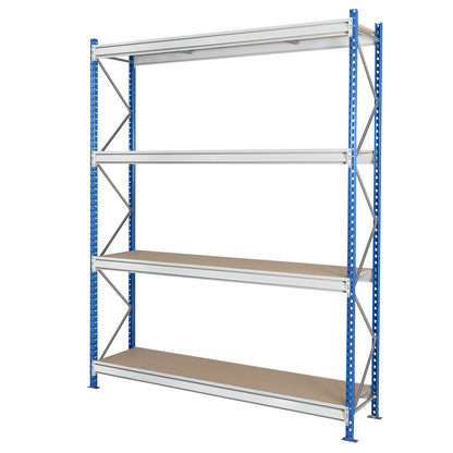 Heavy duty wide span shelving with moulded chipboard shelf panels, frame colour blue, HxWxD 2996 x 2860 x 800 mm, standard shelf unit.