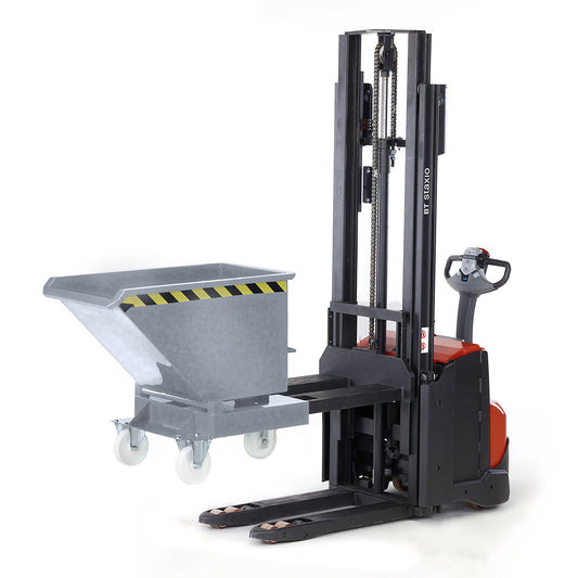 Tipping skip, with forklift pockets and wheels, capacity 0.4 m³, zinc plated.