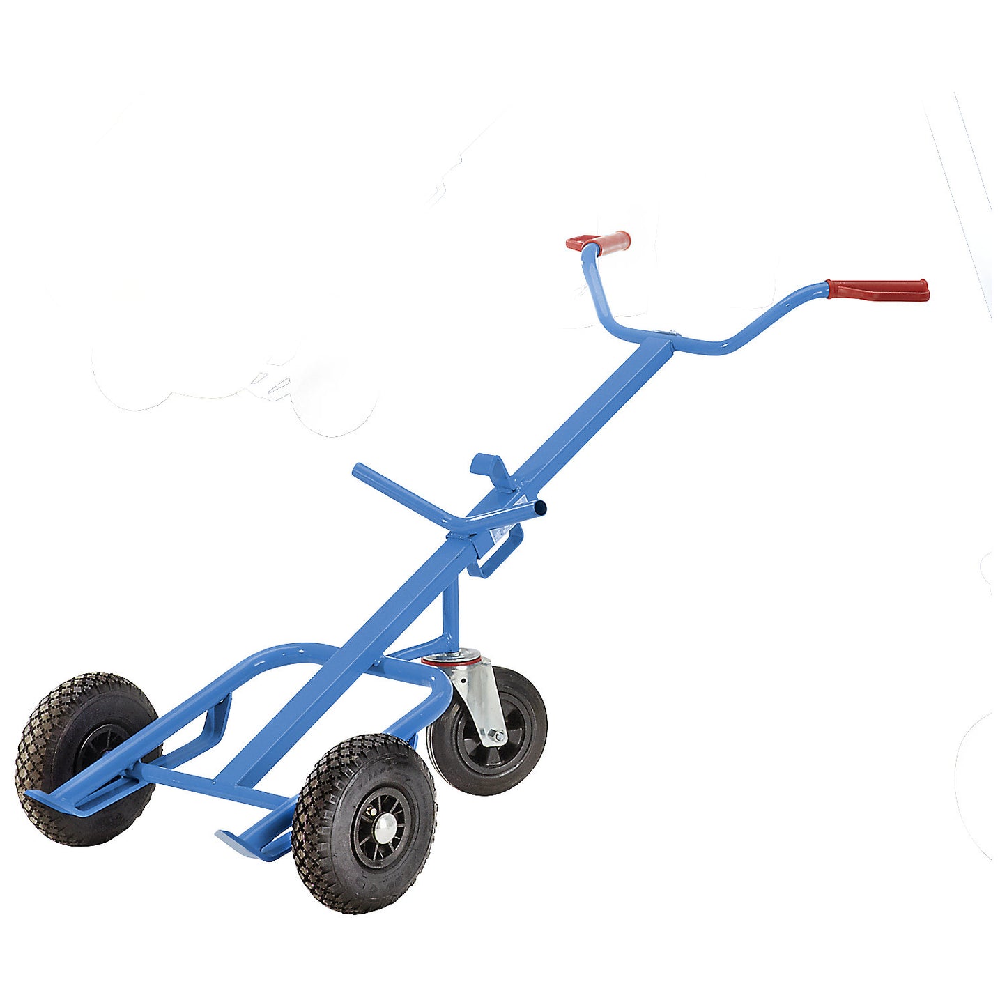 Drum truck for steel drums, max. load 400 kg, with solid rubber support wheel, pneumatic axle wheels.