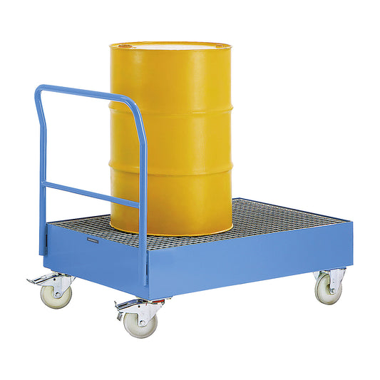 Drum transporter with 220 l sump tray, trough size L x W x D 1250 x 800 x 220 mm, light blue RAL 5012.