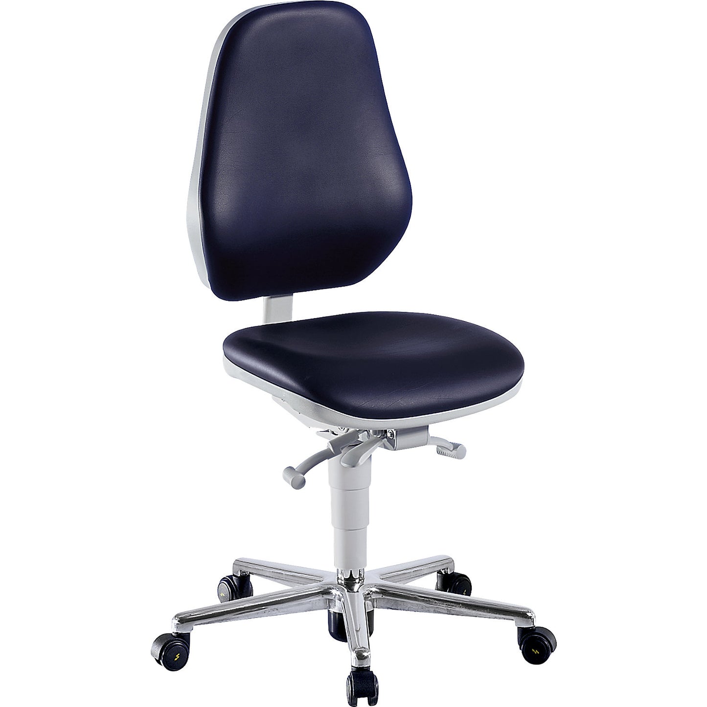 Cleanroom swivel chair, with castors, permanent contact mechanism, adjustable seat inclination.