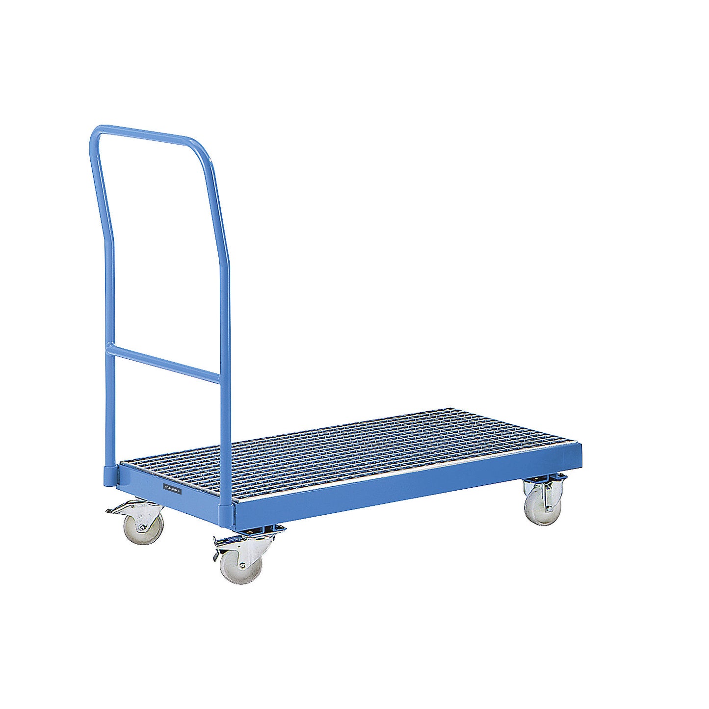 Drum transporter with 40 l sump tray, trough size LxWxD 1015 x 590 x 70 mm, light blue RAL 5012.