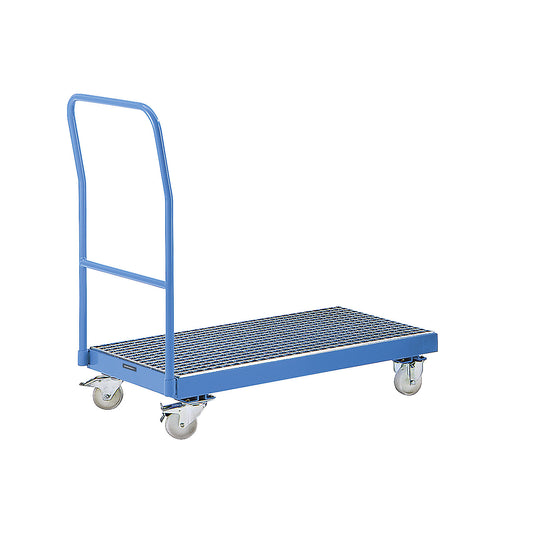 Drum transporter with 40 l sump tray, trough size LxWxD 1015 x 590 x 70 mm, light blue RAL 5012.