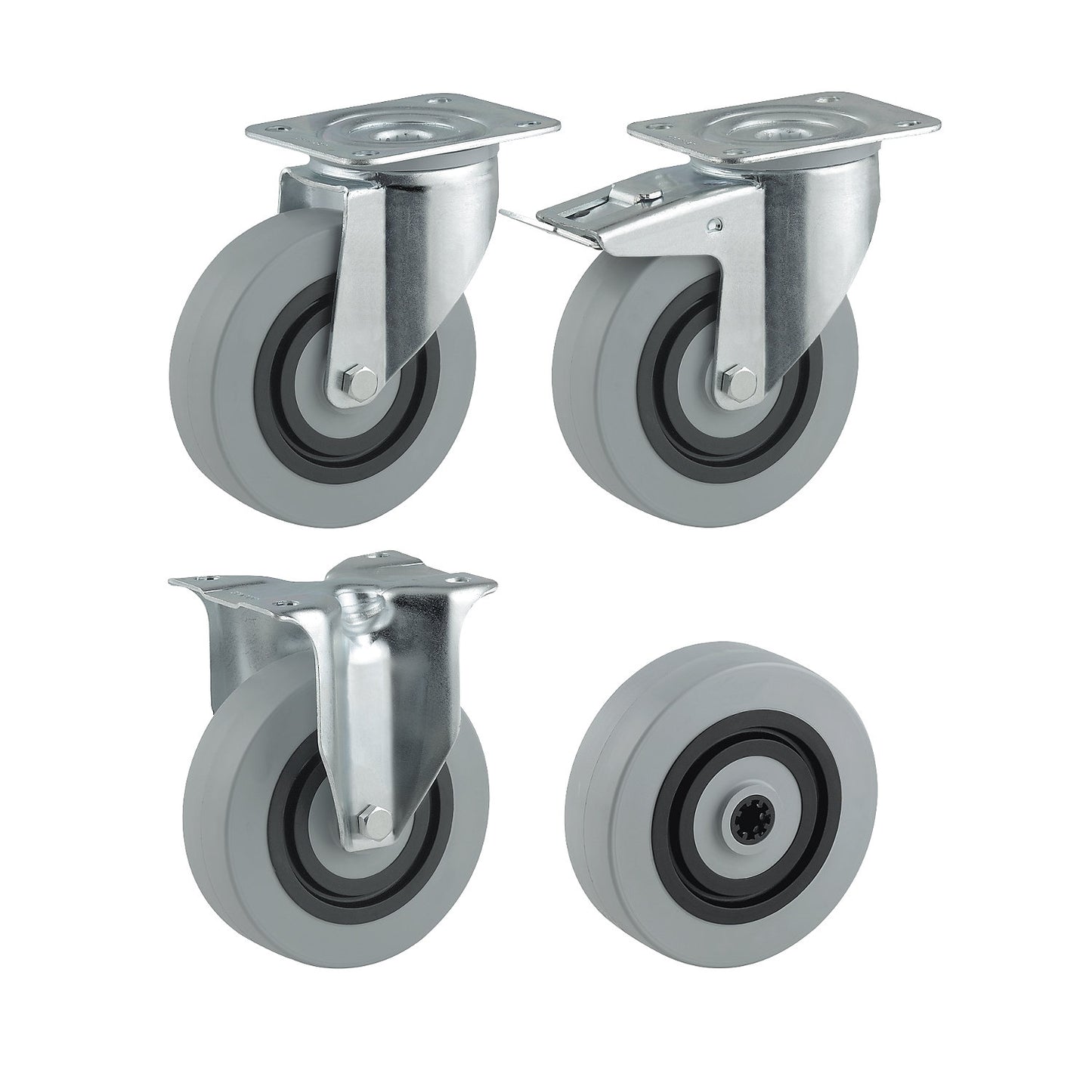 Nylon wheel, grey, wheel Ø x width 125 x 36 mm, swivel castor with double stop.