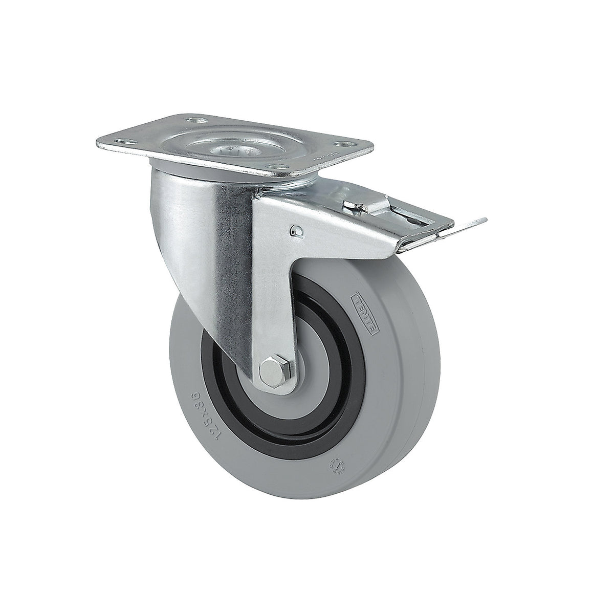 Nylon wheel, grey, wheel Ø x width 125 x 36 mm, swivel castor with double stop.