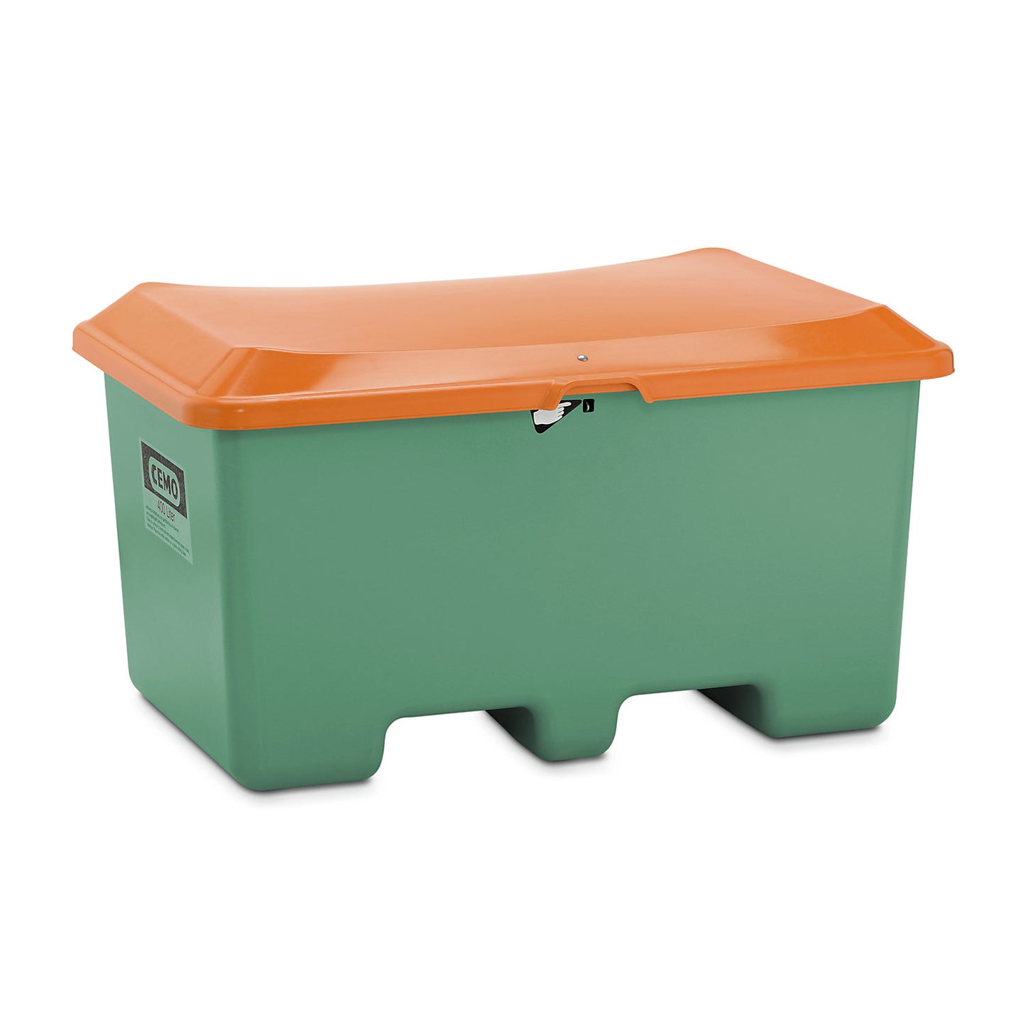 Grit container made of GRP, capacity 400 l, without dispenser opening, clearance for forklift, green container.