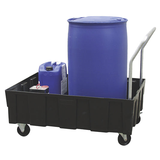 PE sump tray for 200 l drums, mobile using push handle, sump capacity 250 l, without grate.