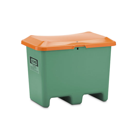 Grit container made of GRP, capacity 200 l, without dispenser opening, clearance for forklift, green container.