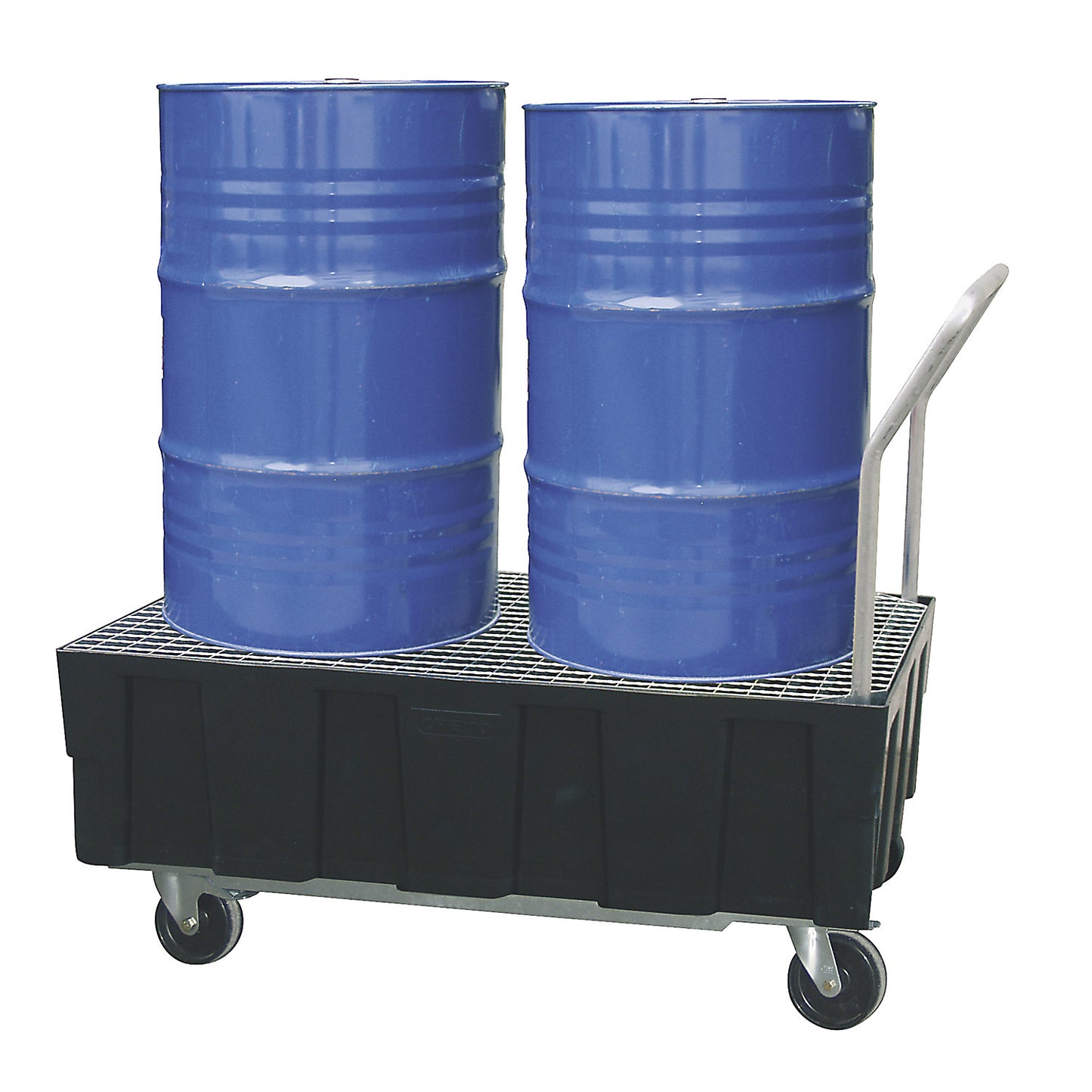 PE sump tray for 200 l drums, mobile using push handle, sump capacity 224 l, with zinc plated steel grate.