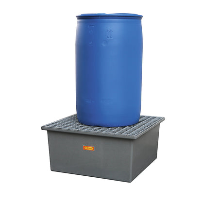 GRP base sump tray, 1 x 200 litre drum, without certification, with steel grate.
