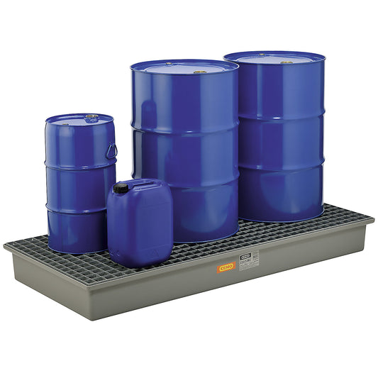 GRP base sump tray, 3 x 200 litre drums, without certification, with steel grate.