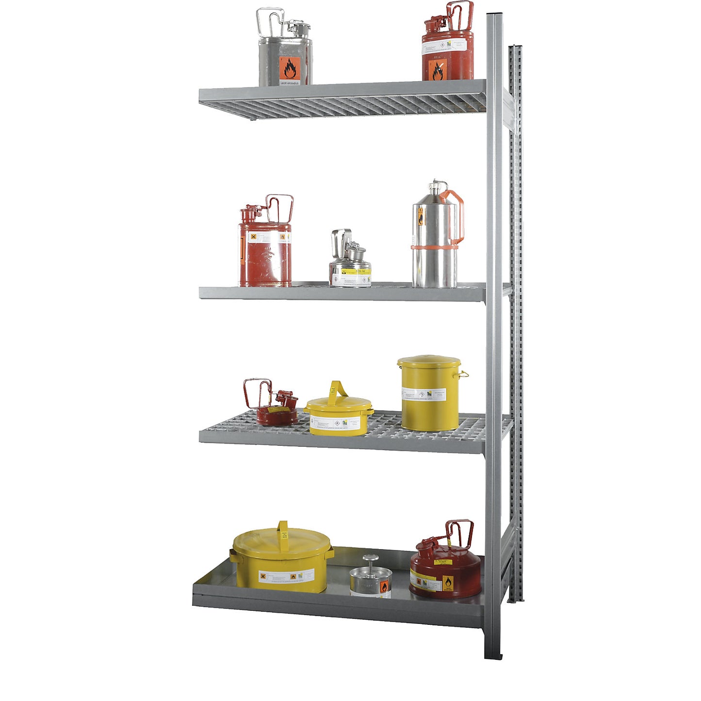 Hazardous substance shelving for small containers for water-polluting and flammable substances, 3 mesh shelves, 1 tray shelf, extension shelf unit, shelf width 1300 mm.