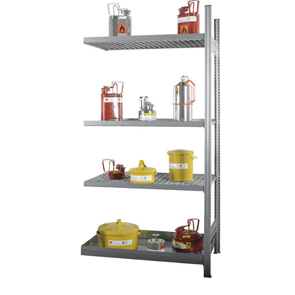 Hazardous substance shelving for small containers for water-polluting and flammable substances, 3 mesh shelves, 1 tray shelf, extension shelf unit, shelf width 1300 mm.
