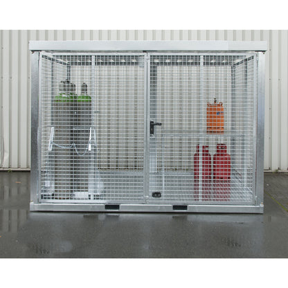 Assembled mesh gas cylinder cage, 104 cylinders with Ø 230 mm, ribbed sheet metal floor.