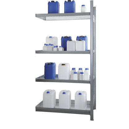 Hazardous goods shelving for small containers, for water hazardous media, 4 tray shelves, shelf width 1300 mm, extension shelf unit.