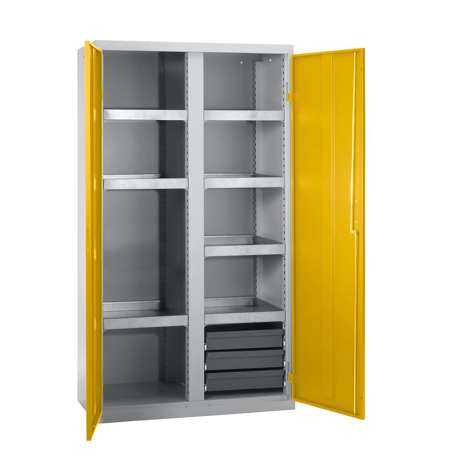 Environmental cupboard without door perforations, HxWxD 1800 x 1000 x 500 mm, 7 tray shelves, light grey / signal yellow.