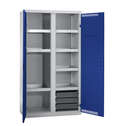 Environmental cupboard with door perforations, HxWxD 1800 x 1000 x 500 mm, 7 tray shelves, light grey / gentian blue.