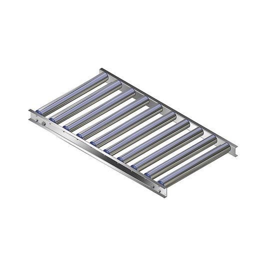 Light duty roller conveyor, aluminium frame with aluminium rollers, track width 500 mm, axle spacing 100 mm, length 1 m.