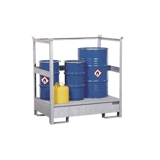 Drum sump tray for transport and storage, open rear and side steel frame, stackable, for 2 drums, zinc plated.
