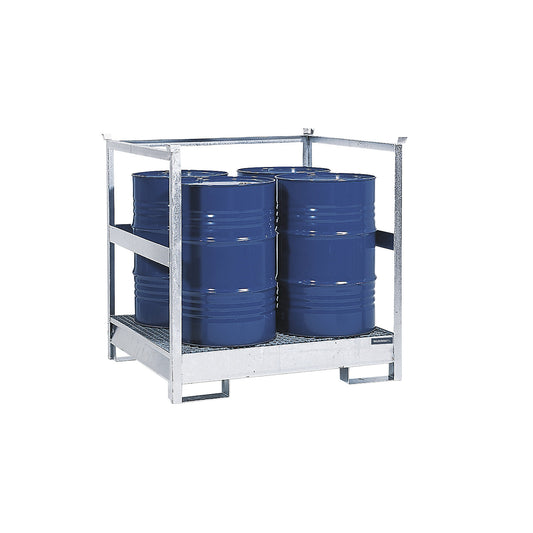 Drum sump tray for transport and storage, open rear and side steel frame, stackable, for 4 drums, zinc plated.