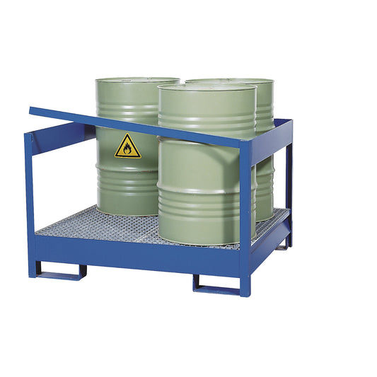 Drum sump tray for transport and storage, open rear and side steel frame, not stackable, for 4 drums, blue.