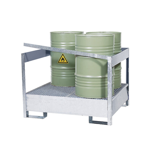 Drum sump tray for transport and storage, open rear and side steel frame, not stackable, for 4 drums, zinc plated.