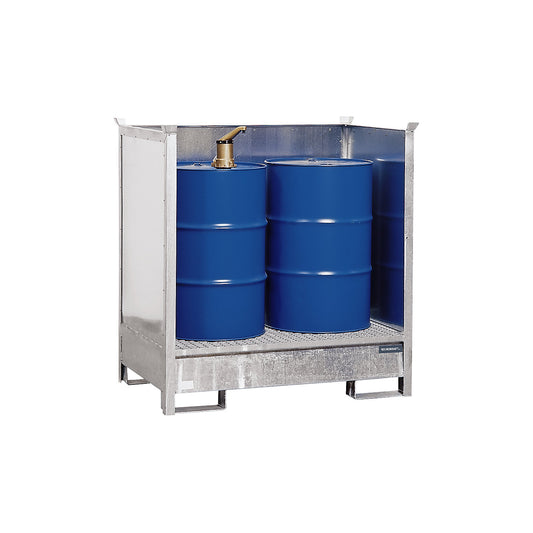 Drum sump tray for transport and storage, closed rear and side walls, stackable, for 2 drums, zinc plated.