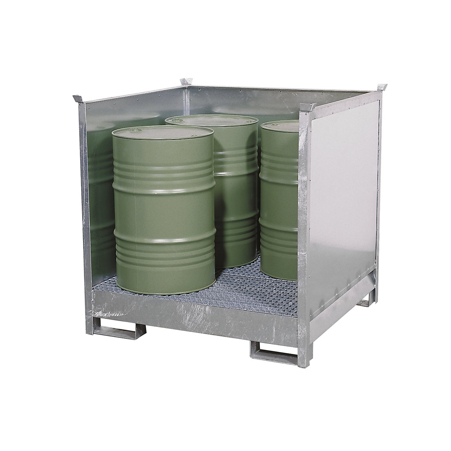 Drum sump tray for transport and storage, closed rear and side walls, stackable, for 4 drums, zinc plated.