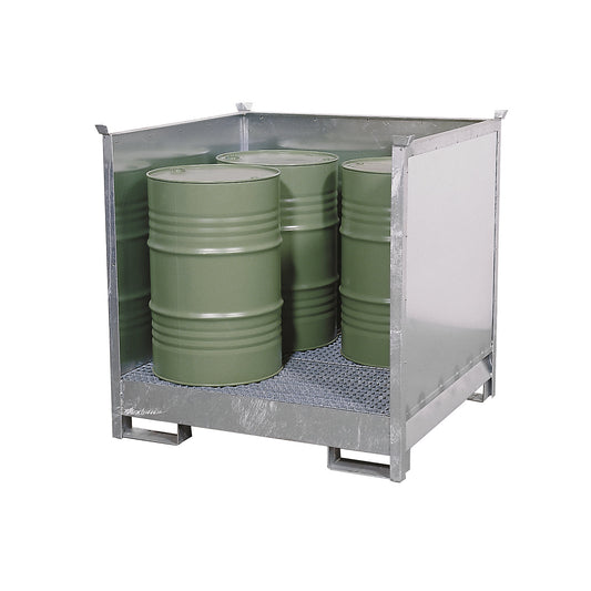 Drum sump tray for transport and storage, closed rear and side walls, stackable, for 4 drums, zinc plated.