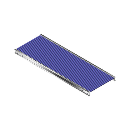 Small roller conveyor, aluminium frame with plastic rollers, track width 500 mm, axle spacing 25 mm, length 1.5 m.