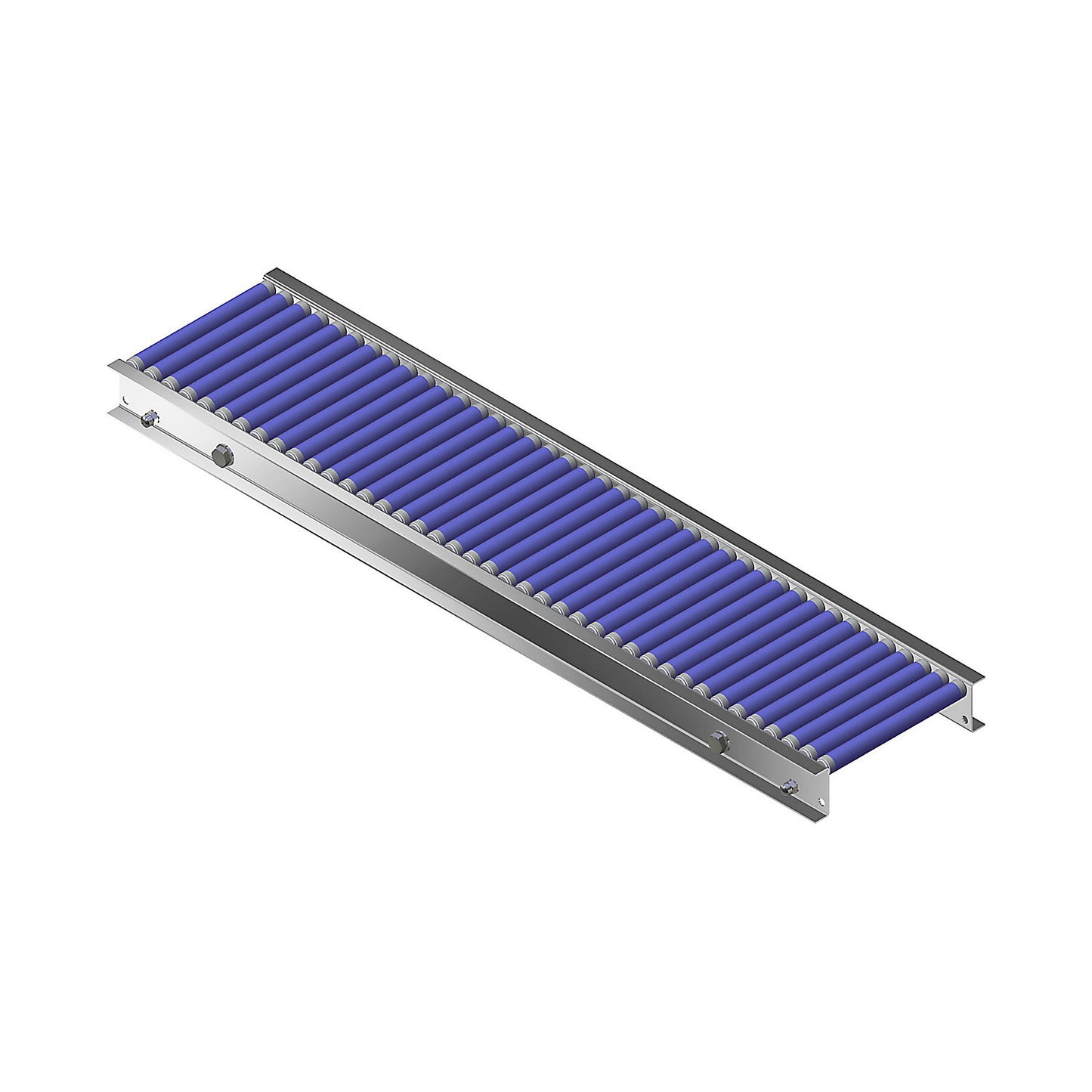 Small roller conveyor, aluminium frame with plastic rollers, track width 200 mm, axle spacing 25 mm, length 1 m.