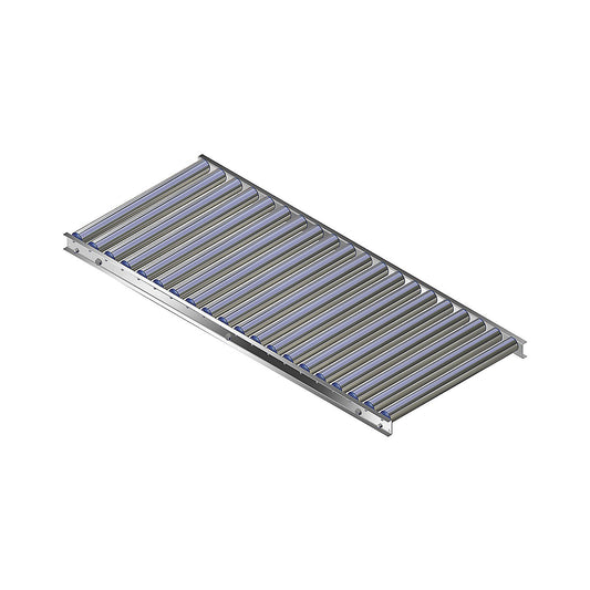 Light duty roller conveyor, aluminium frame with aluminium rollers, track width 600 mm, axle spacing 75 mm, length 1.5 m.