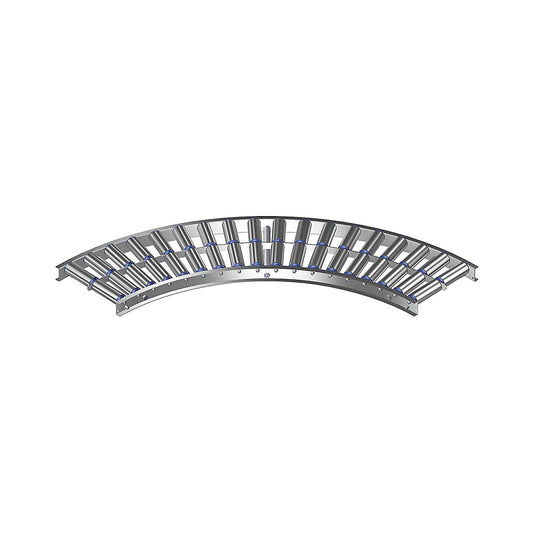 Light duty roller conveyor, aluminium frame with aluminium rollers, track width 300 mm, 90° curve, inner radius 800 mm, axle spacing 100 mm.